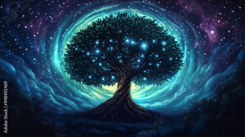 Painting of A Yggdrasil tree stands against a cosmic background filled with stars, illuminating the night sky with ethereal beauty.