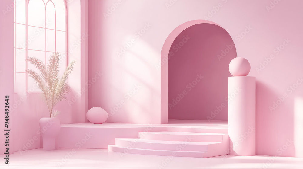 Realistic 3D vector illustration of a pink pastel studio room featuring a staircase, cylindrical podium, decorative ball, and arch, designed for displaying and presenting goods. Realistic 3D vector illustration of a pink pastel studio room featuring a staircase, cylindrical podium, decorative ball, and arch, designed for displaying and presenting goods.