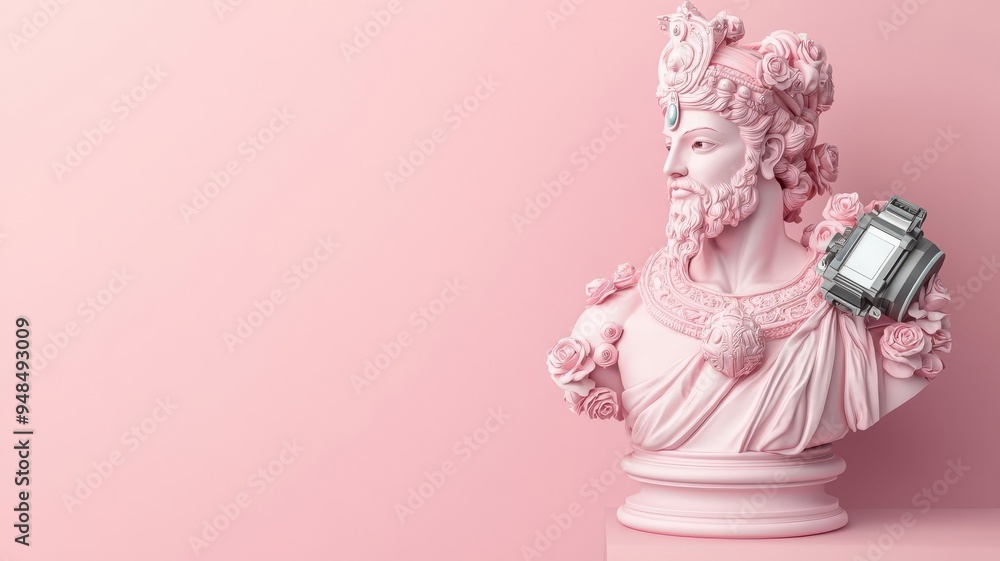 Obraz premium Pastel pink sculpture of a deity, equipped with futuristic gadgets, bridging ancient mythology and contemporary innovation