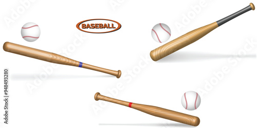 An illustration of three wooden baseball bats, each accompanied by a baseball. The bats vary in design with different colored grips, including blue, red, and black accents. A baseball logo