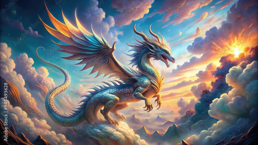 Majestic dragon emerges from swirling clouds, its scales glinting with ...