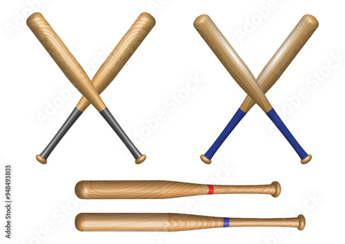 An illustration of two sets of crossed wooden baseball bats, with one set having black handles and the other blue. Below the crossed bats, two baseball bats are displayed parallel to each other, each 