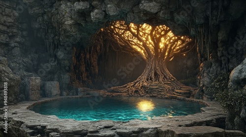 Painting of A magical cave scene featuring a luminous tree beside a serene pool, radiating nature's beauty and tranquility.