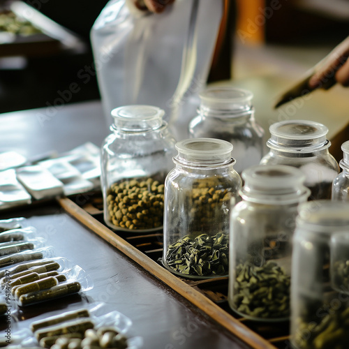 Guduchi herbal supplements being prepared and packaged in an Ayurvedic apothecary photo