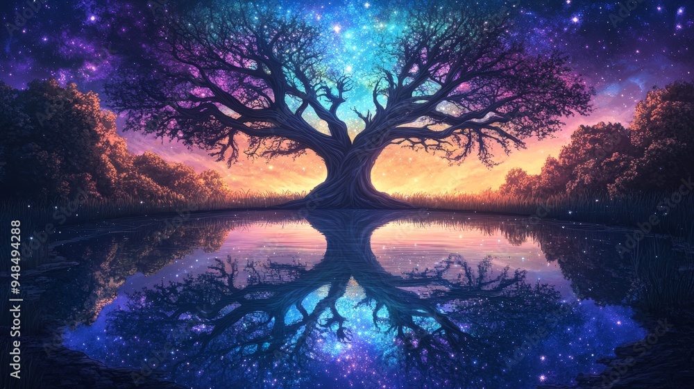 Painting of A mesmerizing landscape featuring a Yggdrasil tree reflected in calm waters, surrounded by a vibrant starry sky at twilight. Painting of A mesmerizing landscape featuring a Yggdrasil tree reflected in calm waters, surrounded by a vibrant starry sky at twilight.