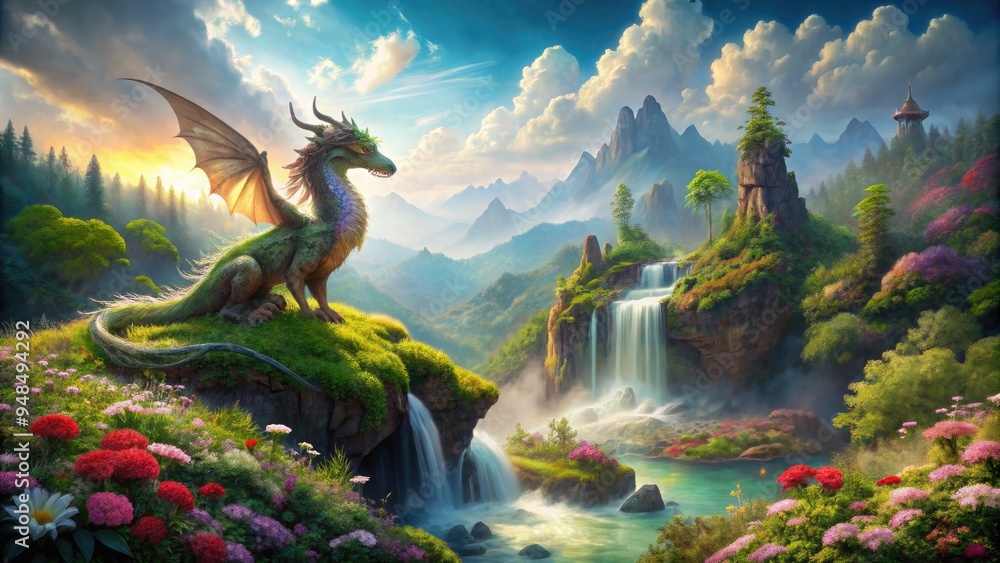 Fototapeta premium Majestic dragon perches atop misty waterfall, surrounded by lush greenery and vibrant flowers, in a whimsical fantasy landscape with rolling hills and towering trees.