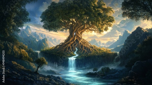 Painting of A Yggdrasil tree with sprawling roots, surrounded by a serene waterfall and mountains, evokes tranquility and natural beauty.