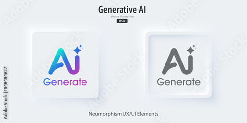 Generate AI icon. A set of 3D buttons active and inactive with icon symbols. Enter command text to generate ideas, Neumorphism style, UI UX design for app and web, Vector illustration.