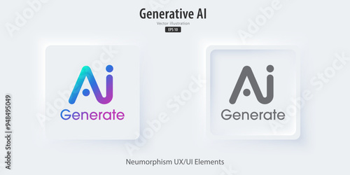 Generate AI icon. A set of 3D buttons active and inactive with icon symbols. Enter command text to generate ideas, Neumorphism style, UI UX design for app and web, Vector illustration.
