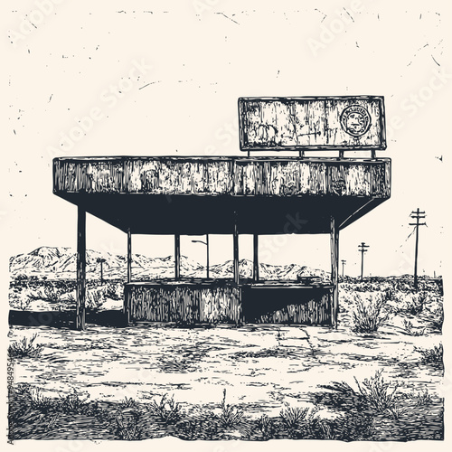 An vector illustration of an abandoned gas station in a desolate landscape in an engraving style.