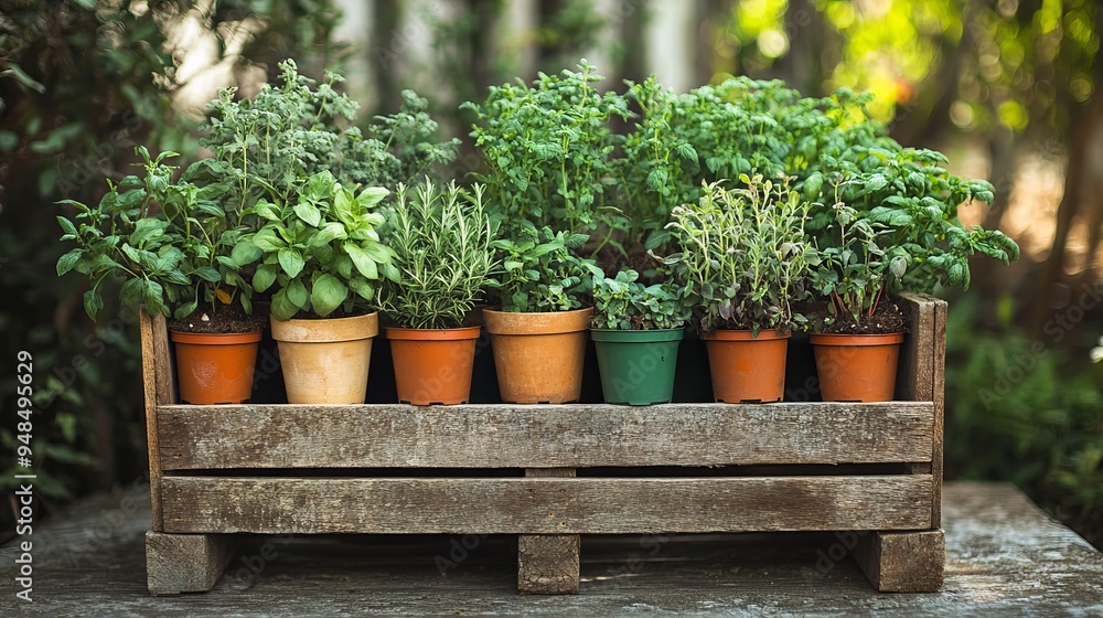 “An assortment of vibrant green herb plants flourishing in individual pots, all nestled within a rustic wooden crate. This charming arrangement adds a touch of freshness and natural beauty to an outdo “An assortment of vibrant green herb plants flourishing in individual pots, all nestled within a rustic wooden crate. This charming arrangement adds a touch of freshness and natural beauty to an outdo