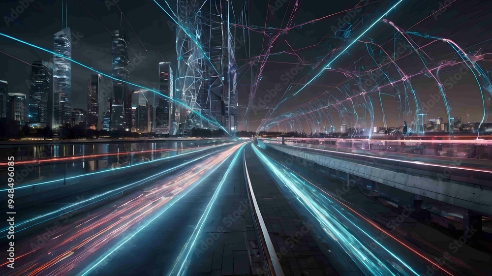 Futuristic Highway with Digital Overlay and Light Trails at Night - Generated AI Futuristic Highway with Digital Overlay and Light Trails at Night - Generated AI