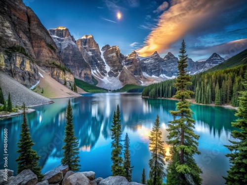 Lake Moraine in the evening, where the moon's silvery glow imbues the landscape with an aura of enchantment, and the trees become sentinels of magic photo