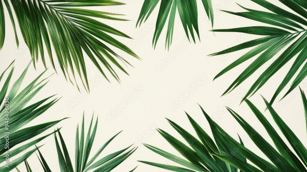 A pattern of palm leaves on a light background, ideal for a tropical and summery feel. A pattern of palm leaves on a light background, ideal for a tropical and summery feel.