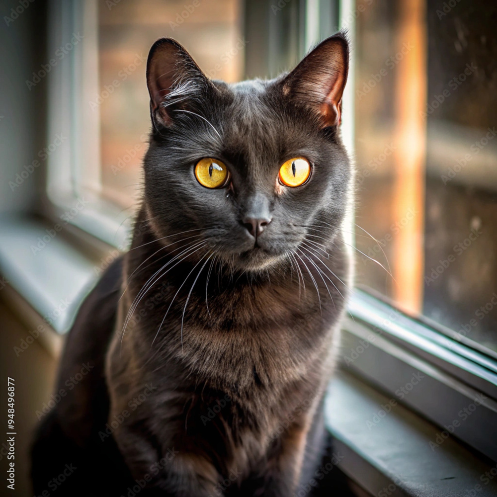 Black cat with bright yellow eyes sitting by a window, mysterious and captivating Black cat with bright yellow eyes sitting by a window, mysterious and captivating