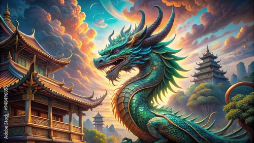 Wallpaper Mural Majestic dragon wraps around a ornate, ancient temple, its vibrant scales and grand wings harmonizing with intricate carvings in a captivating design fusion. Torontodigital.ca