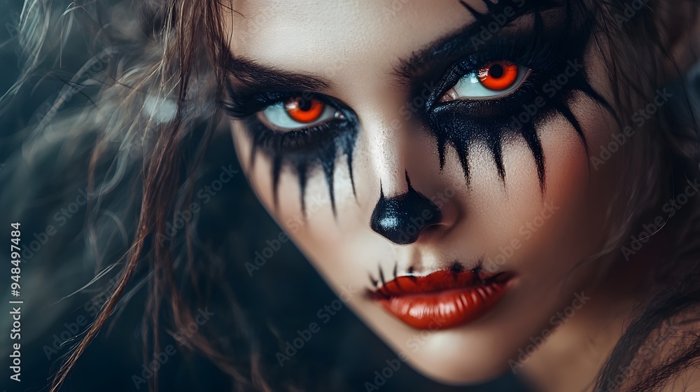 A beauty setup with a model in Halloween makeup and a clean sharp look A beauty setup with a model in Halloween makeup and a clean sharp look