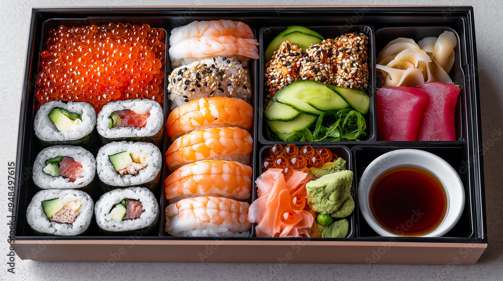 A bento box with tempura shrimp, sushi with fresh tuna and salmon, and side of pickled ginger A bento box with tempura shrimp, sushi with fresh tuna and salmon, and side of pickled ginger