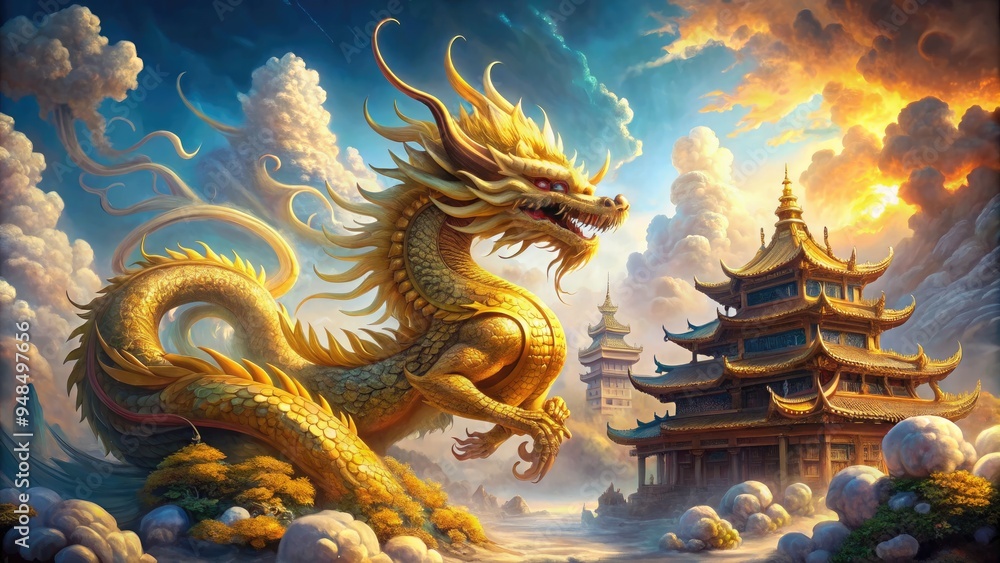 Fototapeta premium Majestic golden dragon stands proudly amidst vibrant grand illustration, surrounded by swirling clouds, intricate patterns, and majestic architecture, evoking mythical wonder 