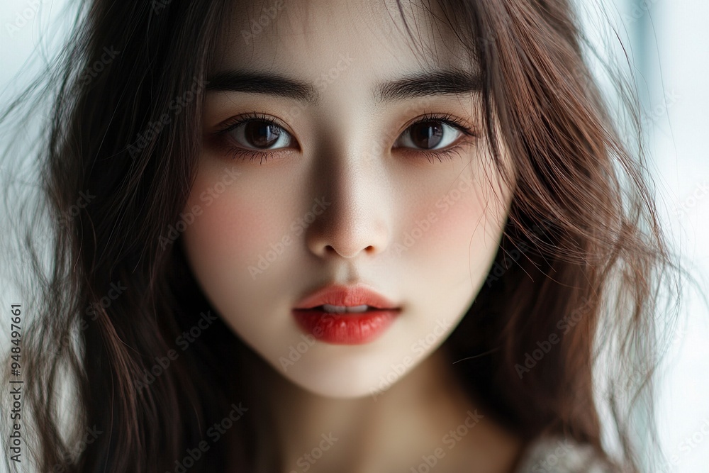 Close-up portrait of young Asian beautiful woman with K-beauty make up style and healthy and perfect skin. Facial and skin care concept for commercial advertising.generative ai Close-up portrait of young Asian beautiful woman with K-beauty make up style and healthy and perfect skin. Facial and skin care concept for commercial advertising.generative ai