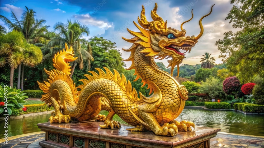 Fototapeta premium Majestic golden dragon statue with intricate scales and fiery eyes sits atop a ornate pedestal in a serene Asian-inspired garden setting.