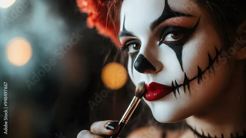 Fototapeta A model getting Halloween makeup applied in a minimalist high-contrast style