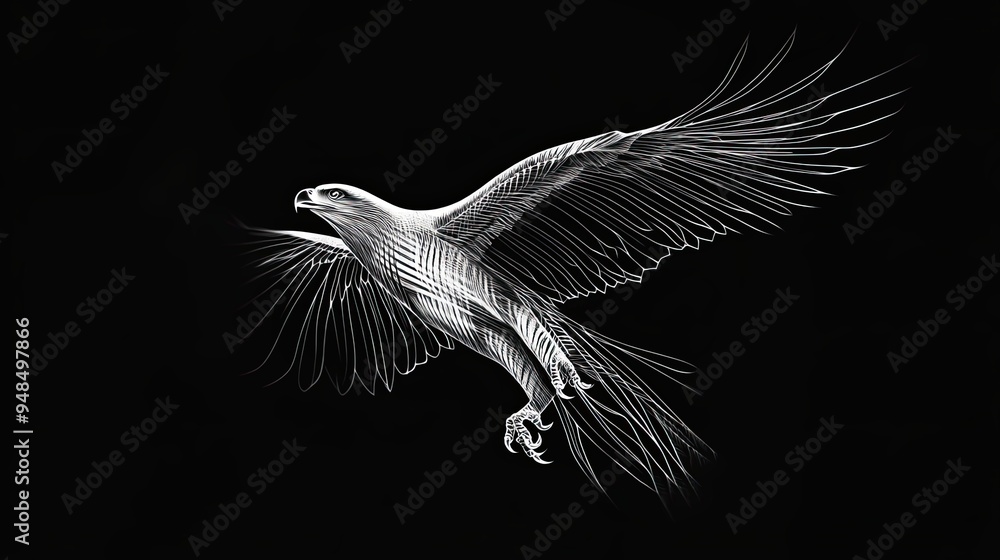 Fototapeta premium A White Outline of an Eagle in Flight Against a Black Background