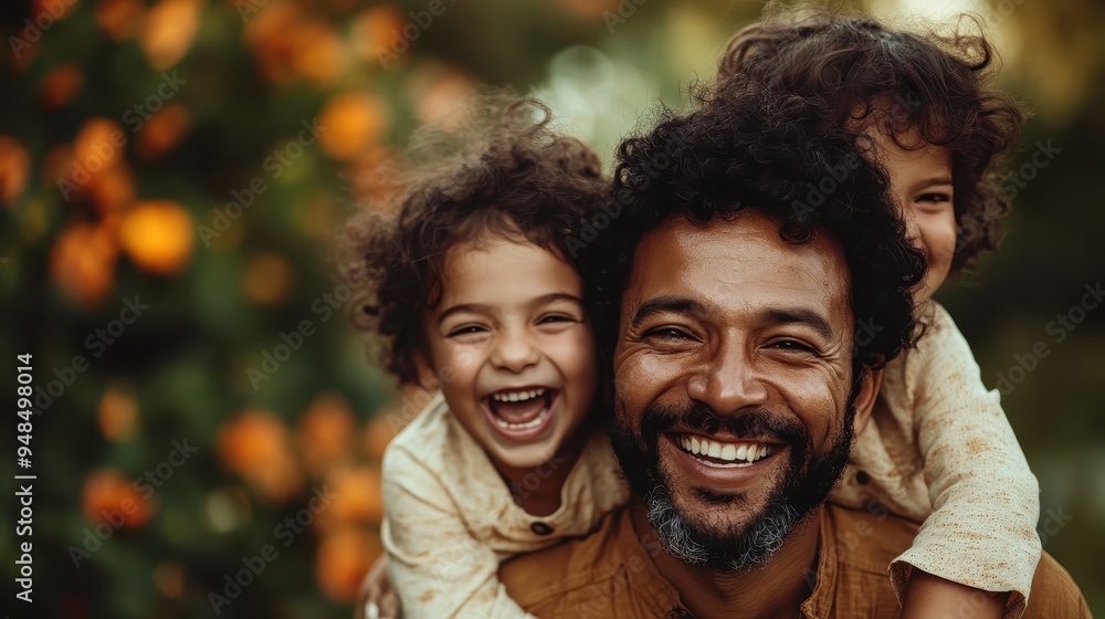 A joyful father with a big smile carries his two laughing children on his back outdoors, embodying family bonds and happiness, surrounded by the beauty of nature. A joyful father with a big smile carries his two laughing children on his back outdoors, embodying family bonds and happiness, surrounded by the beauty of nature.