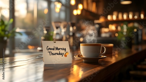 Minimalist Wooden Desk With 3D Rendered Thursday Morning Note and Coffee Cup photo