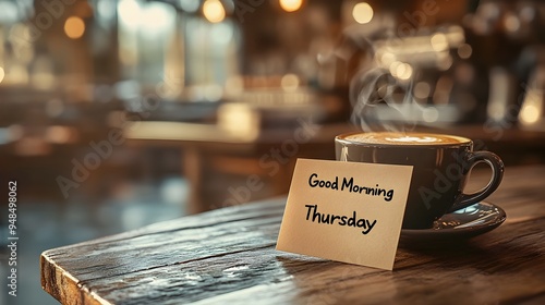 Minimalist 3D Rendered Note with Coffee Cup on Wooden Desk for Good Morning Thursday photo