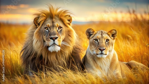 Wallpaper Mural Majestic lion and lioness sit together in the golden savannah grass, their regal manes and gentle gazes exuding strength, unity, and serene wild majesty. Torontodigital.ca