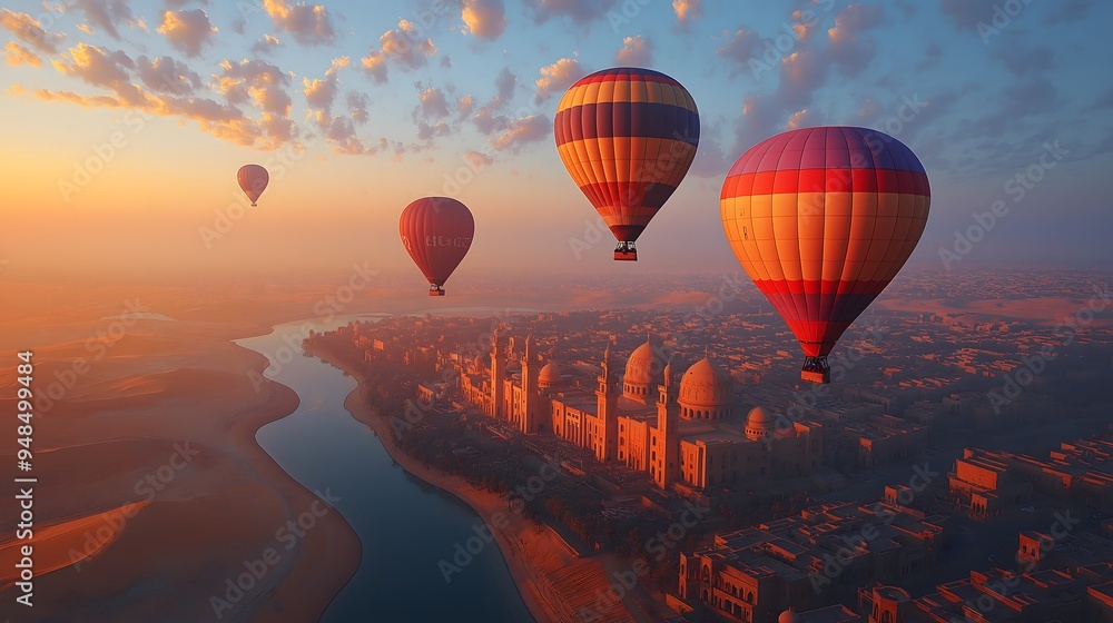 Naklejka premium Hot air balloons floating above Dubai's ultramodern skyline, luxury shopping, and desert safaris..