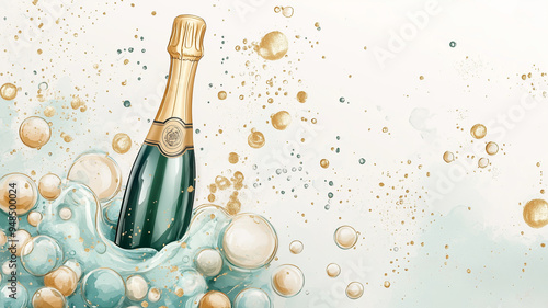 champagne bottle, creating a rainbow of watercolor bubbles, dynamic, fun, lively composition