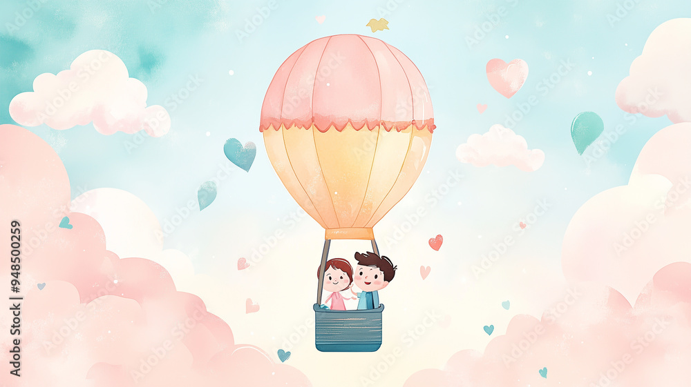 Cartoon characters in a hot air balloon shaped like a champagne glass, watercolor clouds and sky, pastel tones, playful adventure Cartoon characters in a hot air balloon shaped like a champagne glass, watercolor clouds and sky, pastel tones, playful adventure