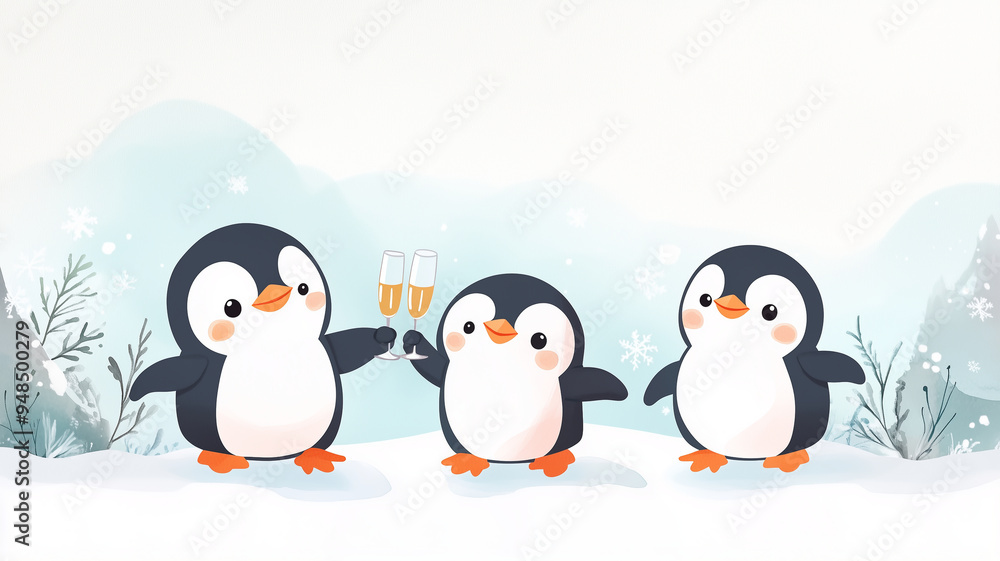 Obraz premium Cartoon penguins having a party with champagne glasses, surrounded by a snowy watercolor landscape, cute and festive