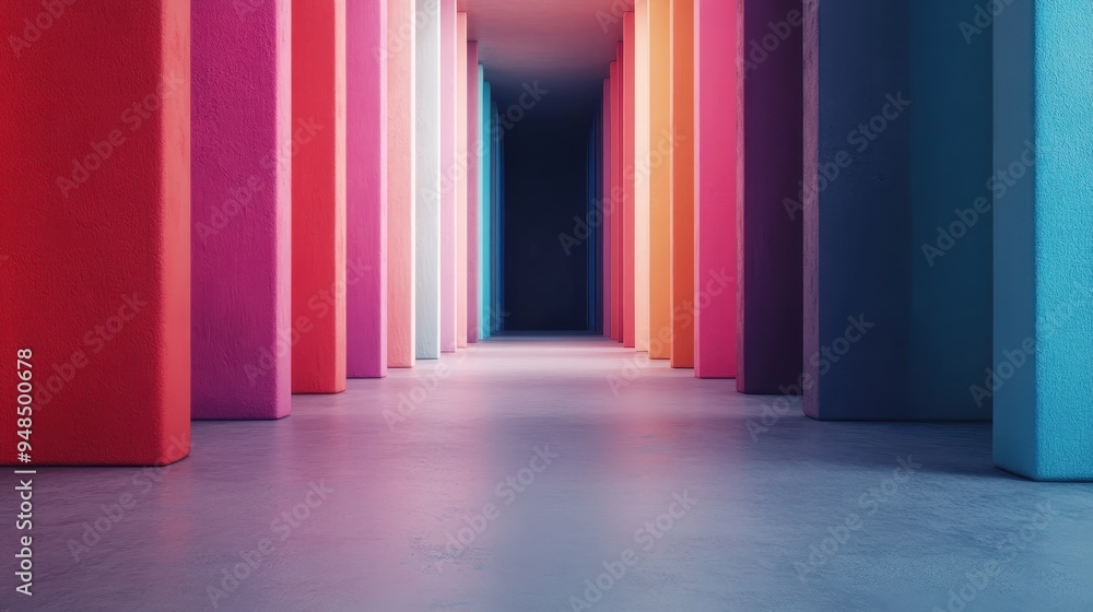 A long hallway with vibrant, multi-colored vertical pillars creating a dynamic, abstract visual experience. It symbolizes diversity and imagination in modern art. A long hallway with vibrant, multi-colored vertical pillars creating a dynamic, abstract visual experience. It symbolizes diversity and imagination in modern art.