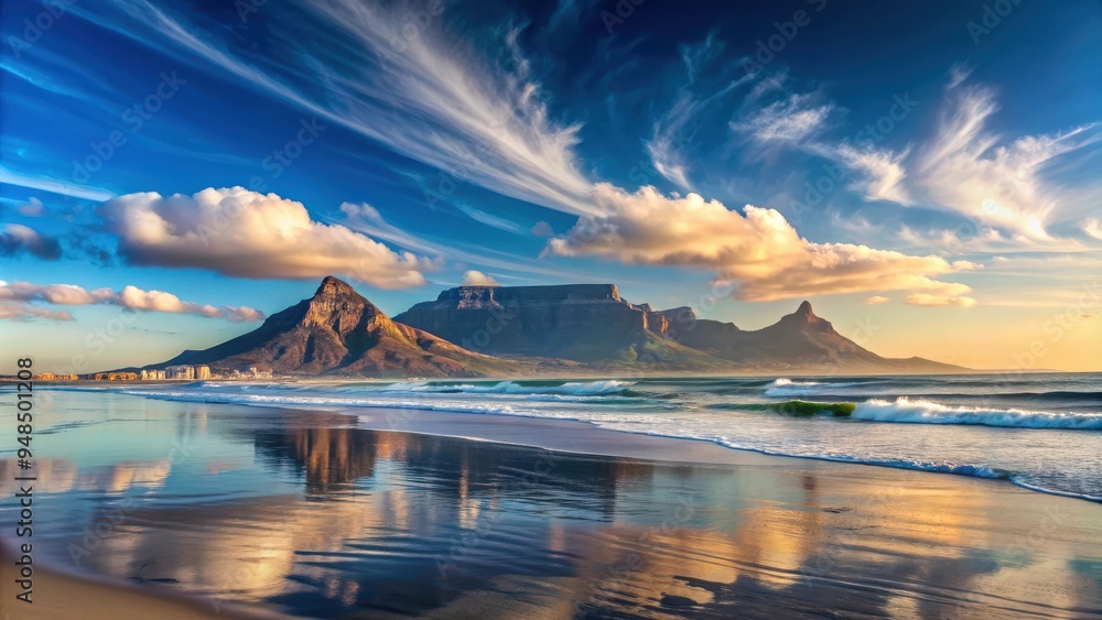 Obraz premium Scenic view of Table Mountain in Cape Town, South Africa from Blouberg, Landmark, Table Mountain, Cape Town, South Africa