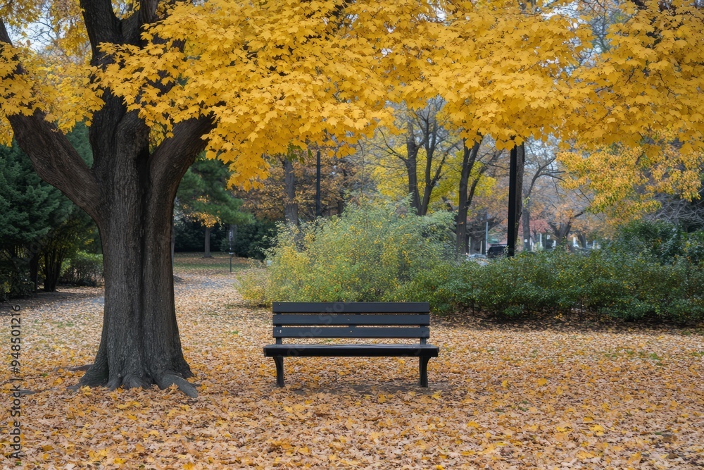 Park bench covered in yellow autumn leaves under a tree. Park bench covered in yellow autumn leaves under a tree.
