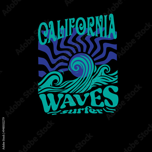 California waves surfer sunshine typography summer beach design