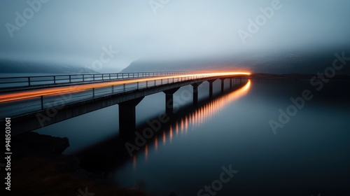 Wallpaper Mural A mesmerizing long exposure capturing vibrant light trails of a vehicle crossing a bridge over calm water, shrouded in a serene blue fog that evokes a sense of mystery and tranquility. Torontodigital.ca