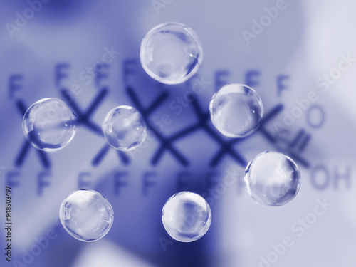 Water droplets with a PFAS chemical structure in the background -- contaminated drinking water concept