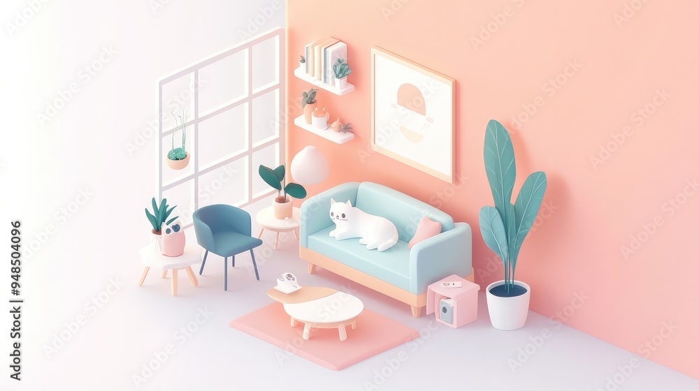 Charming isometric room with kawaii elements. Cozy, pastel colors, a relaxed cat, minimalistic furniture, and indoor plants. Charming isometric room with kawaii elements. Cozy, pastel colors, a relaxed cat, minimalistic furniture, and indoor plants.