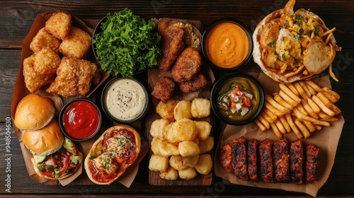 A variety of fast foods with dipping sauces, presented on a rustic wooden table, ideal for National Fast Food Day celebration.