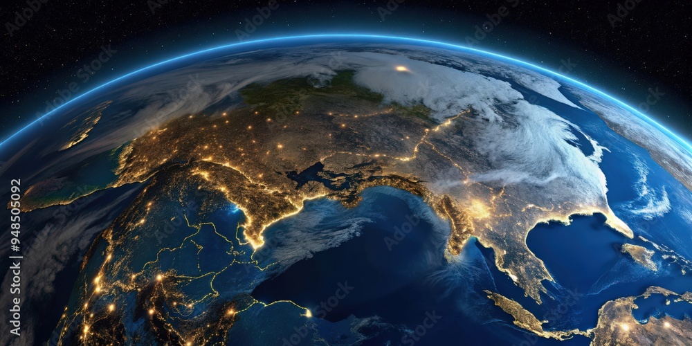 Detailed view of Earth at night showing Chukotka, Alaska, and the Bering Strait , Earth, night, lights, city Detailed view of Earth at night showing Chukotka, Alaska, and the Bering Strait , Earth, night, lights, city