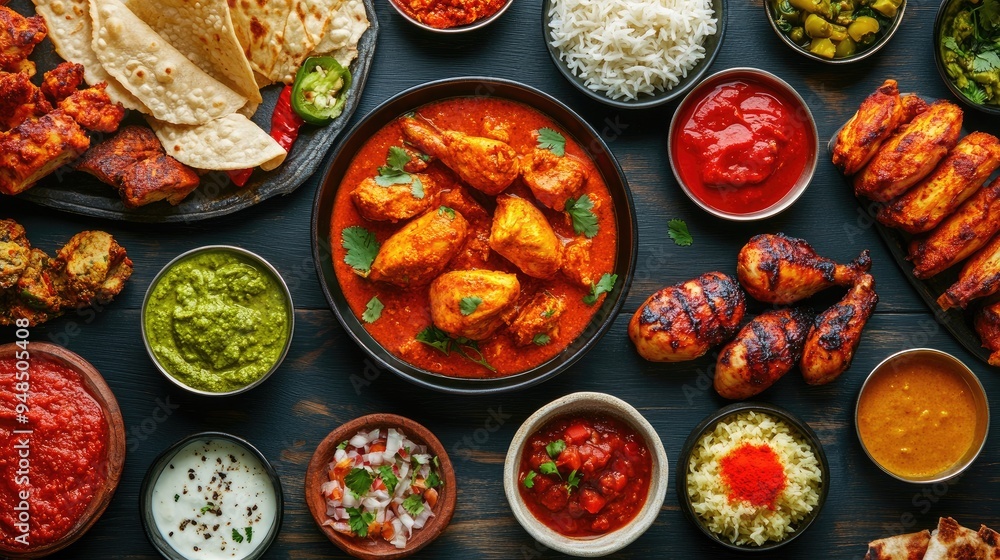 A vibrant Indian food feast featuring chicken tikka masala curry, tandoori chicken, and assorted appetizers on a traditional dining table. A vibrant Indian food feast featuring chicken tikka masala curry, tandoori chicken, and assorted appetizers on a traditional dining table.