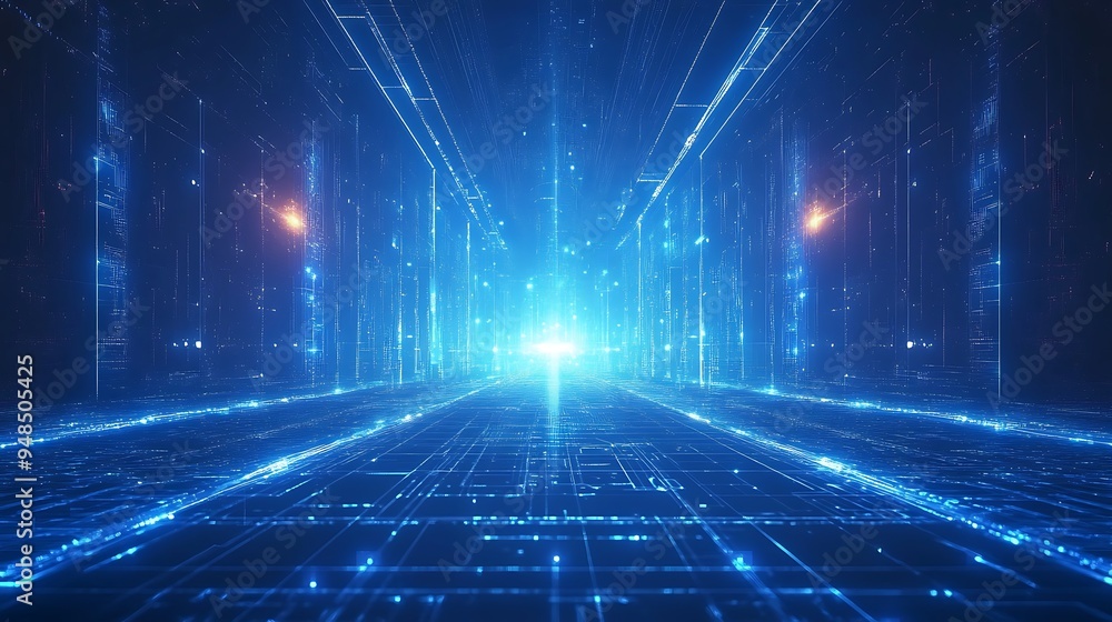A digital representation of a futuristic high-tech data center showcasing glowing blue lines and virtual pathways in a grid-like environment. A digital representation of a futuristic high-tech data center showcasing glowing blue lines and virtual pathways in a grid-like environment.