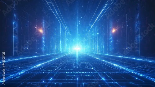 A digital representation of a futuristic high-tech data center showcasing glowing blue lines and virtual pathways in a grid-like environment.