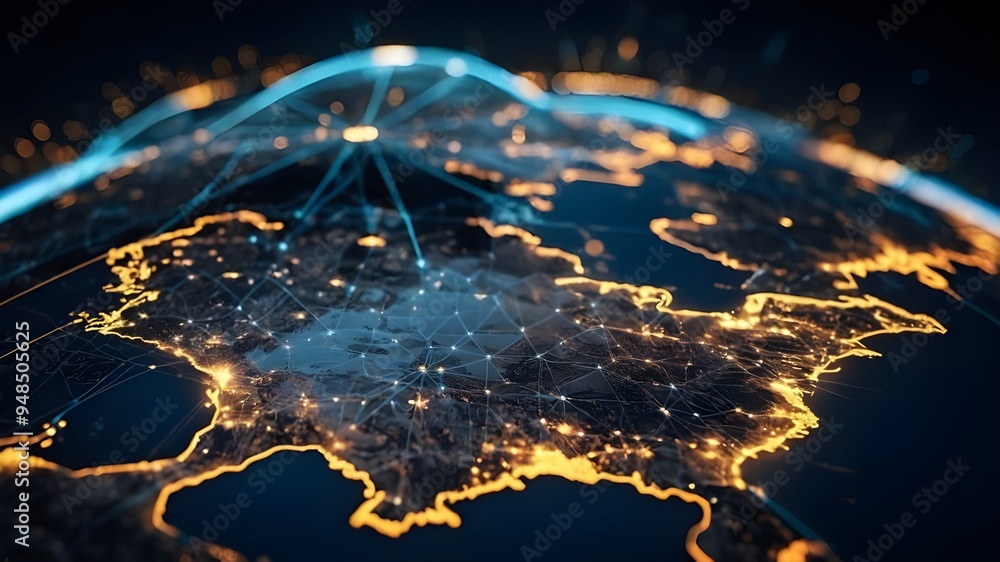 Cyber Technology Network, Western Europe Highlighted on Dynamic Digital World Map for AI Connectivity Cyber Technology Network, Western Europe Highlighted on Dynamic Digital World Map for AI Connectivity