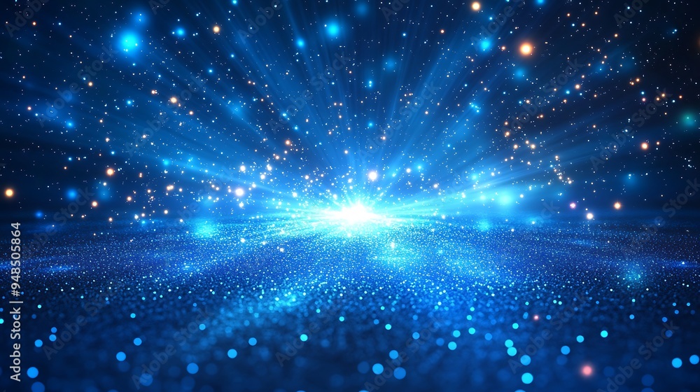 Obraz premium A mesmerizing cosmic blue background with sparkling stars and light bursts, creating a magical and dreamy effect in the universe.