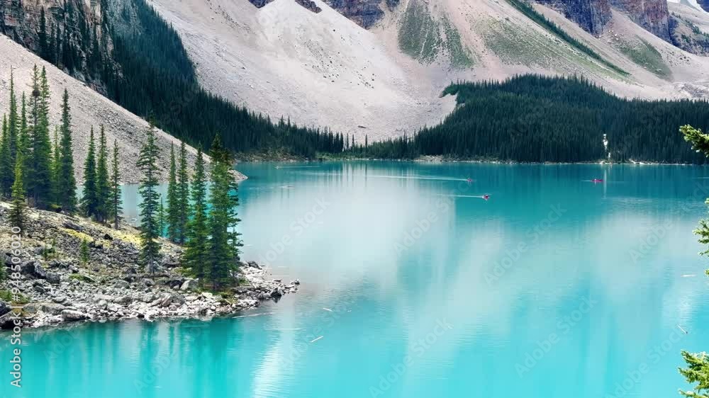 A captivating close-up and panning shot of Moraine Lake in Banff ...